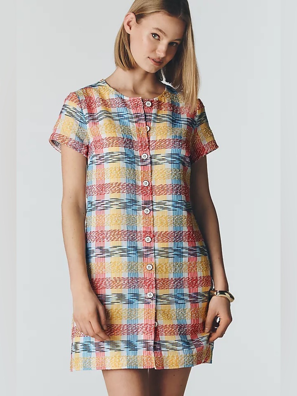 Maeve Anthropologie Gingham Multi-Color Short-Sleeve Button Front Plaid Dress